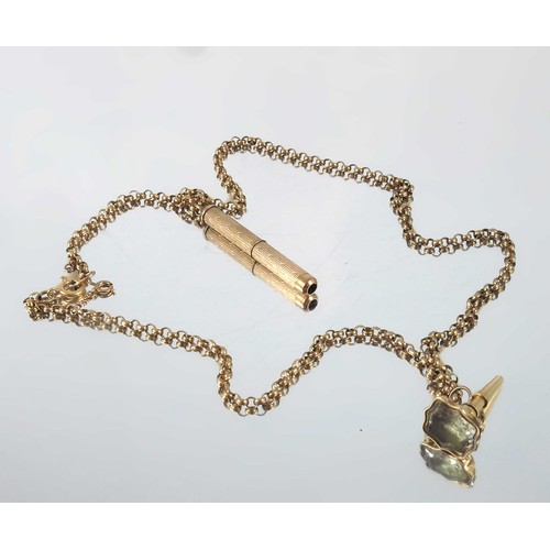 733 - 9 CARAT GOLD NECKLACE WITH TOOTH PICK AND FOB APPROX. 22.5 g GROSS