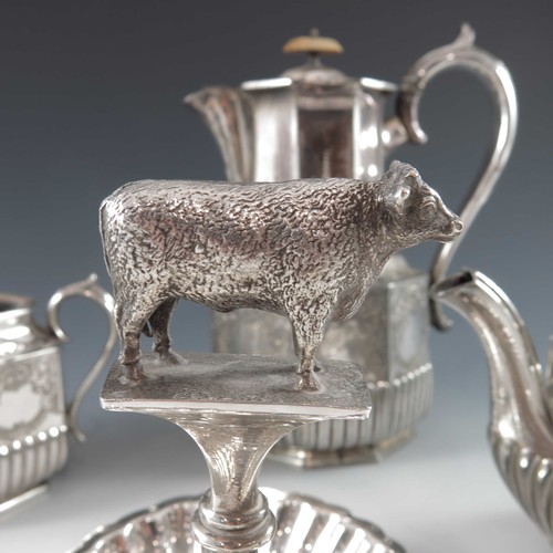 570 - 4 PIECE VICTORIAN SILVER PLATED TEA/ COFFEE SET AND A PLATED HORS D'OEURVES DISH WITH COW FINIAL