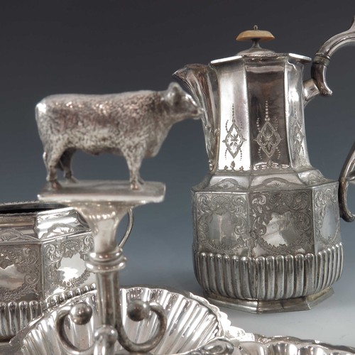 570 - 4 PIECE VICTORIAN SILVER PLATED TEA/ COFFEE SET AND A PLATED HORS D'OEURVES DISH WITH COW FINIAL