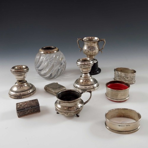 579 - MISC. SILVER ITEMS INC. SILVER VESTA CASE, CRUET,SERVIETTE RINGS ETC.