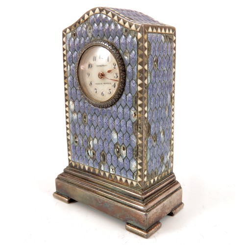 875 - TIFFANY & CO MINIATURE SILVER AND ENAMELLED CLOCK IN CASE