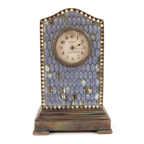 875 - TIFFANY & CO MINIATURE SILVER AND ENAMELLED CLOCK IN CASE