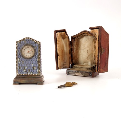 875 - TIFFANY & CO MINIATURE SILVER AND ENAMELLED CLOCK IN CASE