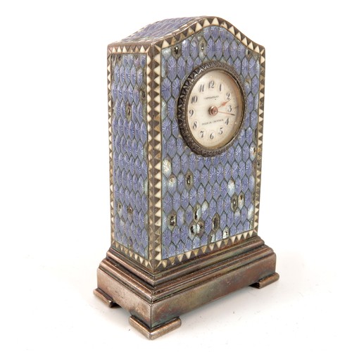 875 - TIFFANY & CO MINIATURE SILVER AND ENAMELLED CLOCK IN CASE