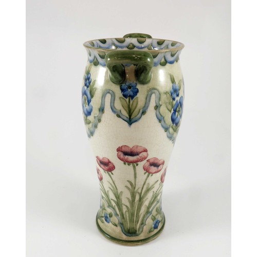 366 - WILLIAM MOORCROFT  VASE OF 2 HANDLED BALUSTER FORM, DECORATED WITH RED POPPIES AND BLUE FORGET ME NO... 