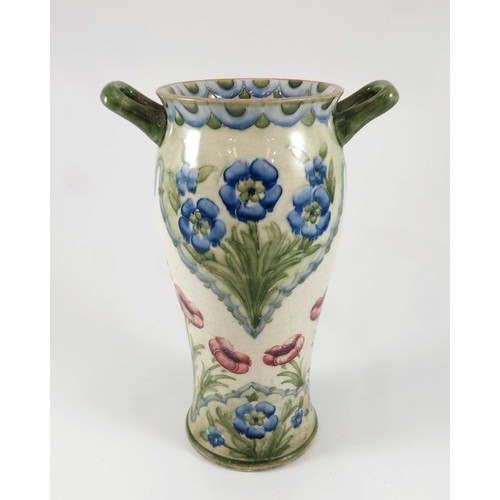 366 - WILLIAM MOORCROFT  VASE OF 2 HANDLED BALUSTER FORM, DECORATED WITH RED POPPIES AND BLUE FORGET ME NO... 