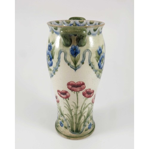 366 - WILLIAM MOORCROFT  VASE OF 2 HANDLED BALUSTER FORM, DECORATED WITH RED POPPIES AND BLUE FORGET ME NO... 