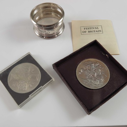 571 - SILVER SERVIETTE RING IN BOX, SILVER 1951 CROWN IN FESTIVAL OF BRITAIN PRESENTATION BOX WITH PAPERWO... 