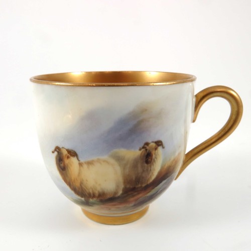 360 - ROYAL WORCESTER CUP AND SAUCER PAINTED WITH SHEEP SIGNED BARKER