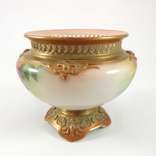 356 - ROYAL WORCESTER PEDESTAL BOWL WITH PIERCED BORDER AND PAINTED ROSES NUMBER H166