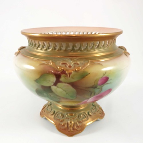 356 - ROYAL WORCESTER PEDESTAL BOWL WITH PIERCED BORDER AND PAINTED ROSES NUMBER H166