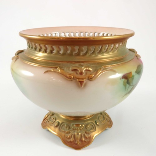 356 - ROYAL WORCESTER PEDESTAL BOWL WITH PIERCED BORDER AND PAINTED ROSES NUMBER H166