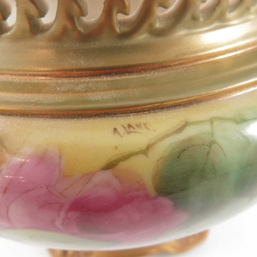 356 - ROYAL WORCESTER PEDESTAL BOWL WITH PIERCED BORDER AND PAINTED ROSES NUMBER H166