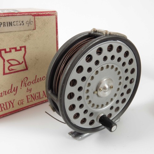 492 - MOORE LIVERPOOL 3 ins. FISHING REEL, HARDY PRINCESS 3.5 ins. AND VARIOUS FLY BOXES