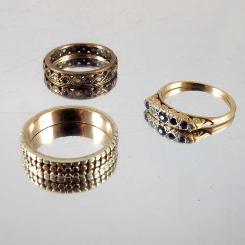 772 - SAPPHIRE AND DIAMOND ENGAGEMENT RING AF, MODERN 9ct GOLD BAND (approx. 4g) AND AN ETERNITY RING WITH... 