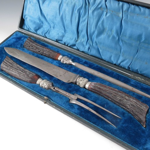 594 - CASED 3 PIECE ANTLER HANDLE CARVING SET