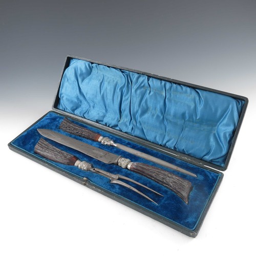 594 - CASED 3 PIECE ANTLER HANDLE CARVING SET