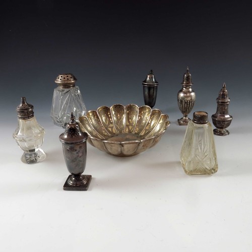 591 - SILVER SALT AND PEPPER, MINIATURE SILVER SIFTER, VARIOUS CUT GLASS BOTTLES WITH SILVER AND PLATED MO... 