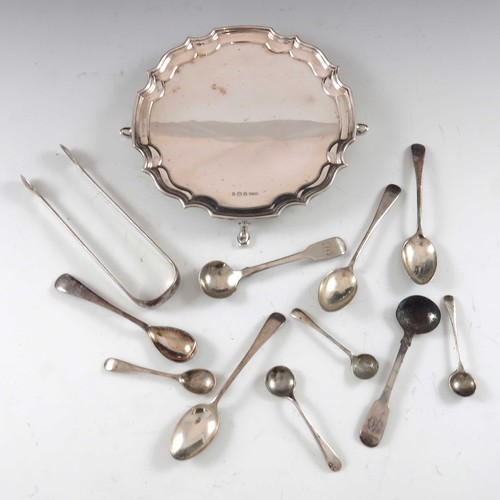 654 - SILVER CARD TRAY AND MISC  SPOONS 250g