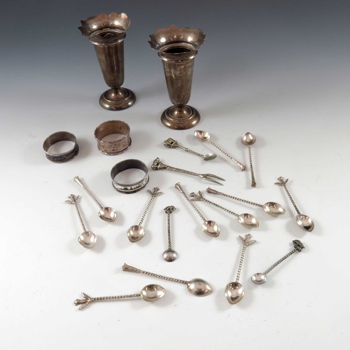 645 - SILVER VASES, NAPKIN RINGS AND WHITE METAL SPOONS