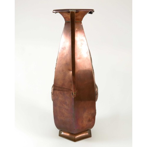 402 - GOOD QUALITY ARTS AND CRAFTS 2 HANDLED COPPER VASE OF OCTAGONAL FORM WITH RUSKIN TYPE INSERTS