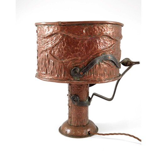 403 - UNUSUAL ARTS AND CRAFTS TABLE LAMP STYLISED TREE TRUNK BASE AND COPPER SHADE WITH TREE BRANCH RELIEF... 