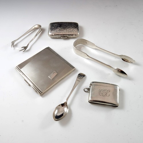 626 - 2 SILVER CIGARETTE CASES, A VESTA CASE, TONGS AND SILVER SPOONS 315g