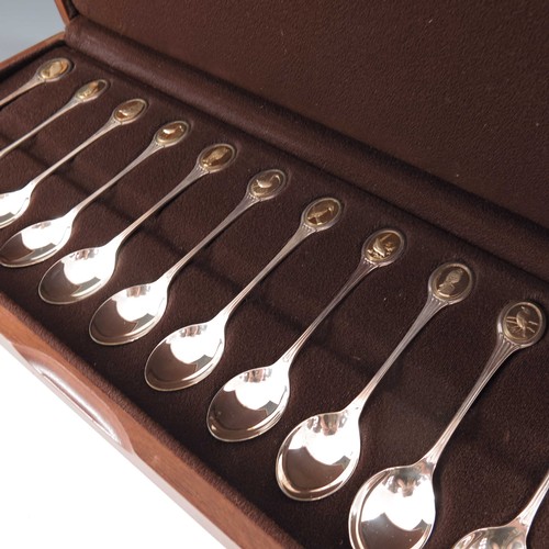 660 - CASED SET OF 12 RSPB SILVER SPOONS BY JOHN PINCHES IN A FITTED PRESENTATION CASE