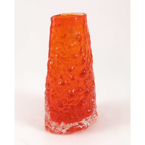 382 - WHITEFRIARS (?) TANGERINE BARK EFFECT VASE OF TRIANGULAR FORM, APPROX. 18 cm