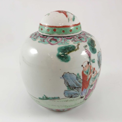 303 - LARGE SIZE CHINESE GINGER JAR AND COVER DECORATED WITH ORIENTAL FIGURES AND LANDSCAPE SCENE, APPROX.... 