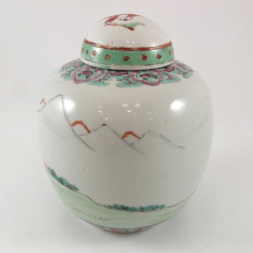 303 - LARGE SIZE CHINESE GINGER JAR AND COVER DECORATED WITH ORIENTAL FIGURES AND LANDSCAPE SCENE, APPROX.... 