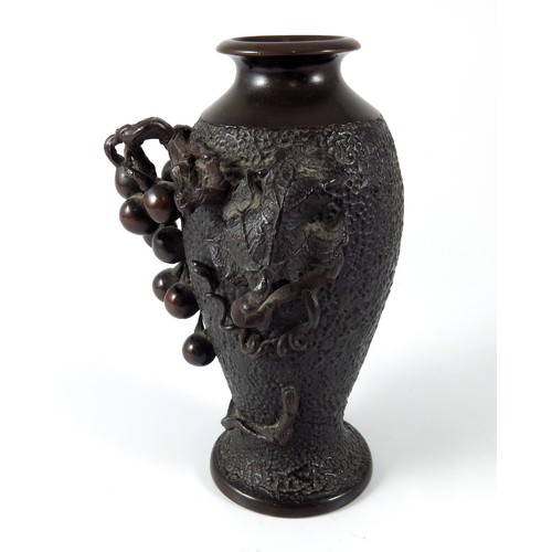 442 - JAPANESE BRONZE VASE WITH RELIEF FRUIT AND VINE DECORATION, APPROX. 18 cm