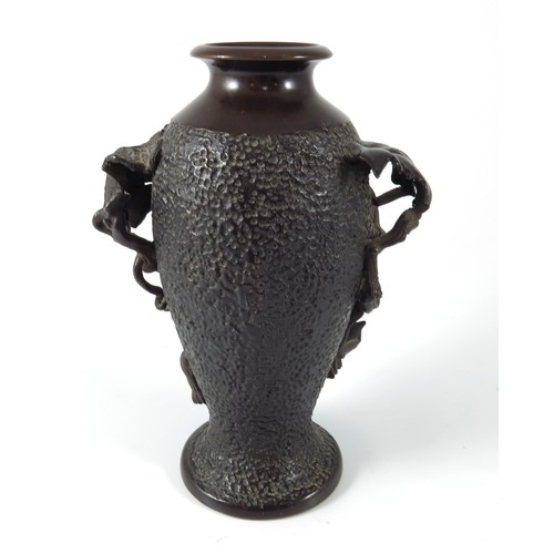 442 - JAPANESE BRONZE VASE WITH RELIEF FRUIT AND VINE DECORATION, APPROX. 18 cm