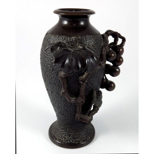 442 - JAPANESE BRONZE VASE WITH RELIEF FRUIT AND VINE DECORATION, APPROX. 18 cm