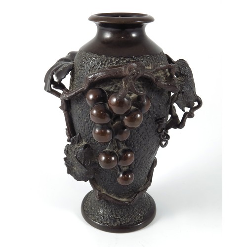 442 - JAPANESE BRONZE VASE WITH RELIEF FRUIT AND VINE DECORATION, APPROX. 18 cm