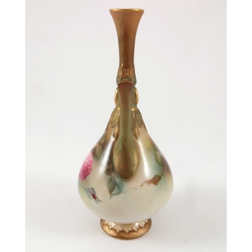 355 - ROYAL WORCESTER 2 HANDLED VASE PAINTED WITH HADLEY ROSES, H305, APPROX. 16 cm