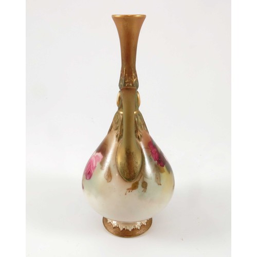 355 - ROYAL WORCESTER 2 HANDLED VASE PAINTED WITH HADLEY ROSES, H305, APPROX. 16 cm