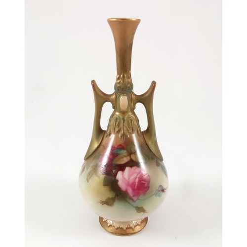 355 - ROYAL WORCESTER 2 HANDLED VASE PAINTED WITH HADLEY ROSES, H305, APPROX. 16 cm