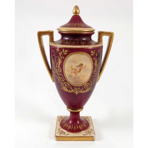 331 - VIENNA PORCEALIN 2 HANDLED VASE AND COVER WITH PAINTED NEOCLASSICAL PANELS, APPROX. 22cm