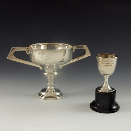 635 - SILVER 2 HANDLED TROPHY AND 1 SMALLER DITTO 310g