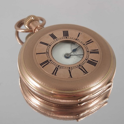 821 - 9 CARAT GOLD GENTS HALF HUNTER POCKET WATCH BY KENDAL AND DENT WITH ENGINE TURNED DECORATION, GROSS ... 