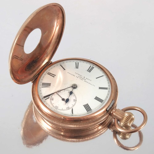 821 - 9 CARAT GOLD GENTS HALF HUNTER POCKET WATCH BY KENDAL AND DENT WITH ENGINE TURNED DECORATION, GROSS ... 