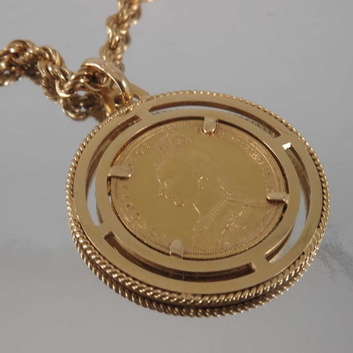 721 - YELLOW METAL NECKLACE (BELIEVED TO BE 9 CARAT GOLD) WITH MOUNT AND 1893 SOVEREIGN