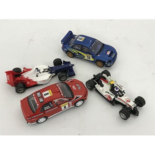 122 - HORNBY (SCALEXTRIC STYLE) 4 SLOT RACING CARS, A1 GRAND PRIX, MITSUBISHI, SUBARU, HONDA RACING F1