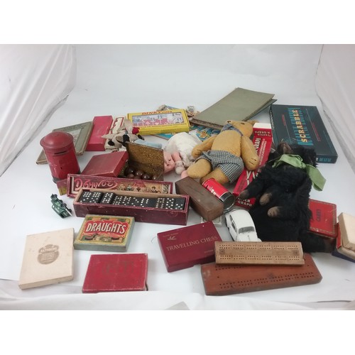 77 - 2 BOXES OF TOYS AND GAMES INC DINKY E TYPE, TIN POST BOX , ATLAS 'DINKY' ROAD SIGNS, BOXED