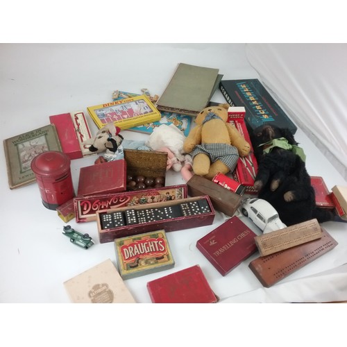 77 - 2 BOXES OF TOYS AND GAMES INC DINKY E TYPE, TIN POST BOX , ATLAS 'DINKY' ROAD SIGNS, BOXED