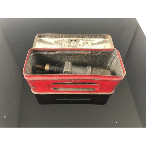 49 - LODGE VINTAGE SPARK PLUG TIN AND SPARK PLUG