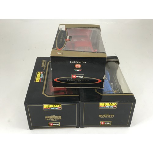 160 - BURAGO DIE-CAST METAL BOXED COD3019 FERRRI TESTAROSSA (1984), GOLD COLLECTION FERRARI F40 1987 & COD... 