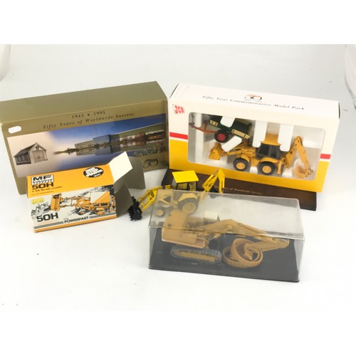 134 - BOXED JCB 50 YEAR COMMEMORATIVE MODEL PACK JCB FARM TRAILER, CONRAD 1:35 SCALE 50H DIGGER AND AN OLD... 