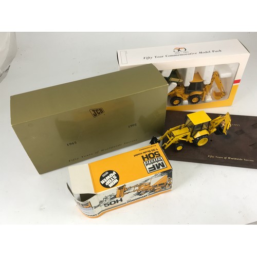 134 - BOXED JCB 50 YEAR COMMEMORATIVE MODEL PACK JCB FARM TRAILER, CONRAD 1:35 SCALE 50H DIGGER AND AN OLD... 